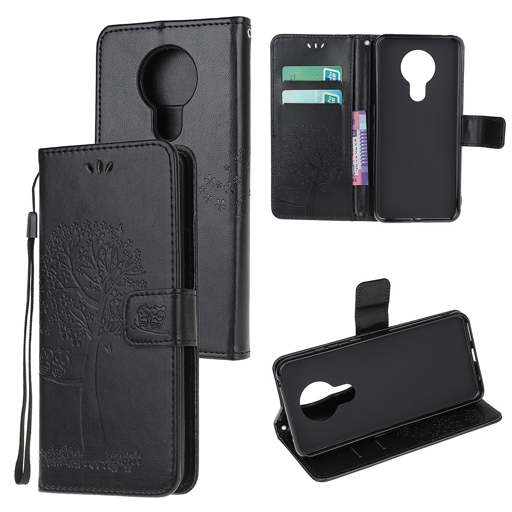 Imprint Tree Owl Pattern Leather Phone Wallet Case Stand for Nokia 1.4 - Black-6