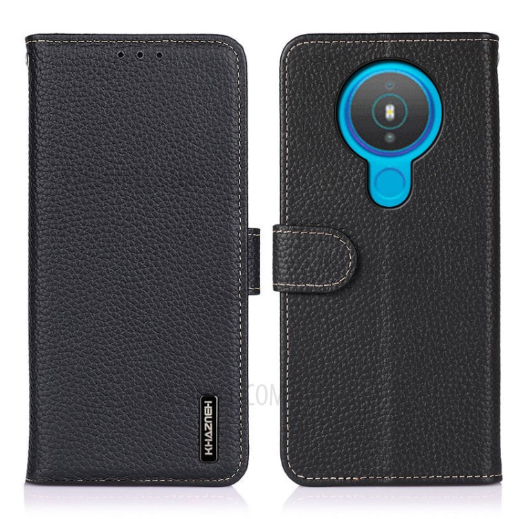 KHAZNEH Litchi Skin Top Layer Genuine Leather Wallet Case for Nokia 1.4 - Black-1