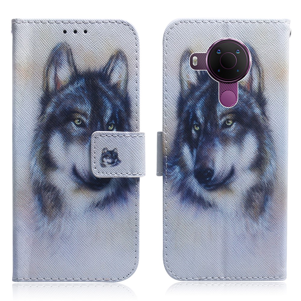 Leather Wallet Design Pattern Printing Protective Shell Case for Nokia 5.4 - Wolf-1