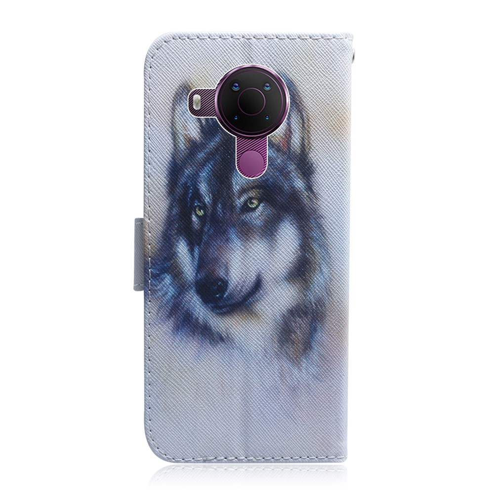Leather Wallet Design Pattern Printing Protective Shell Case for Nokia 5.4 - Wolf-3
