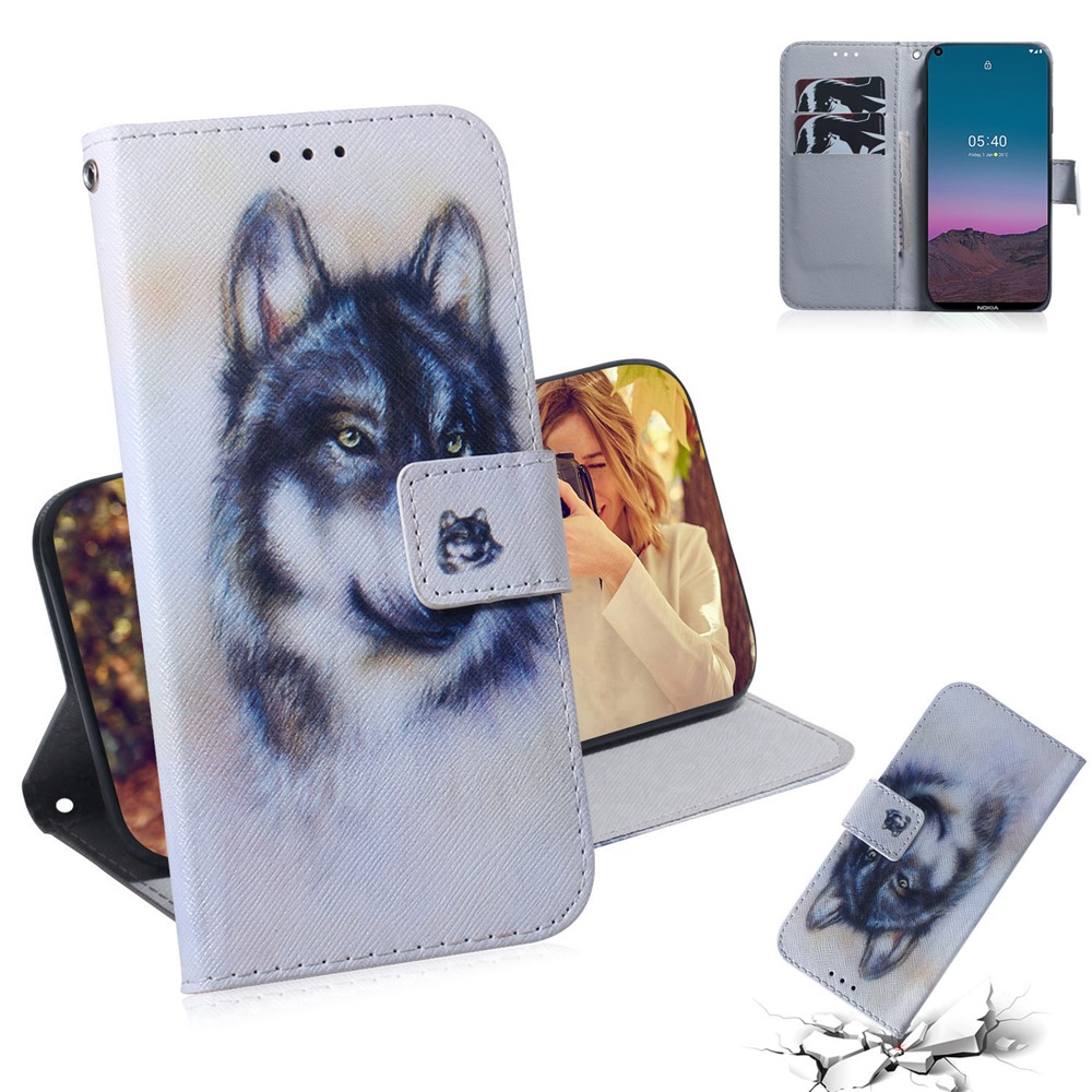 Leather Wallet Design Pattern Printing Protective Shell Case for Nokia 5.4 - Wolf-9
