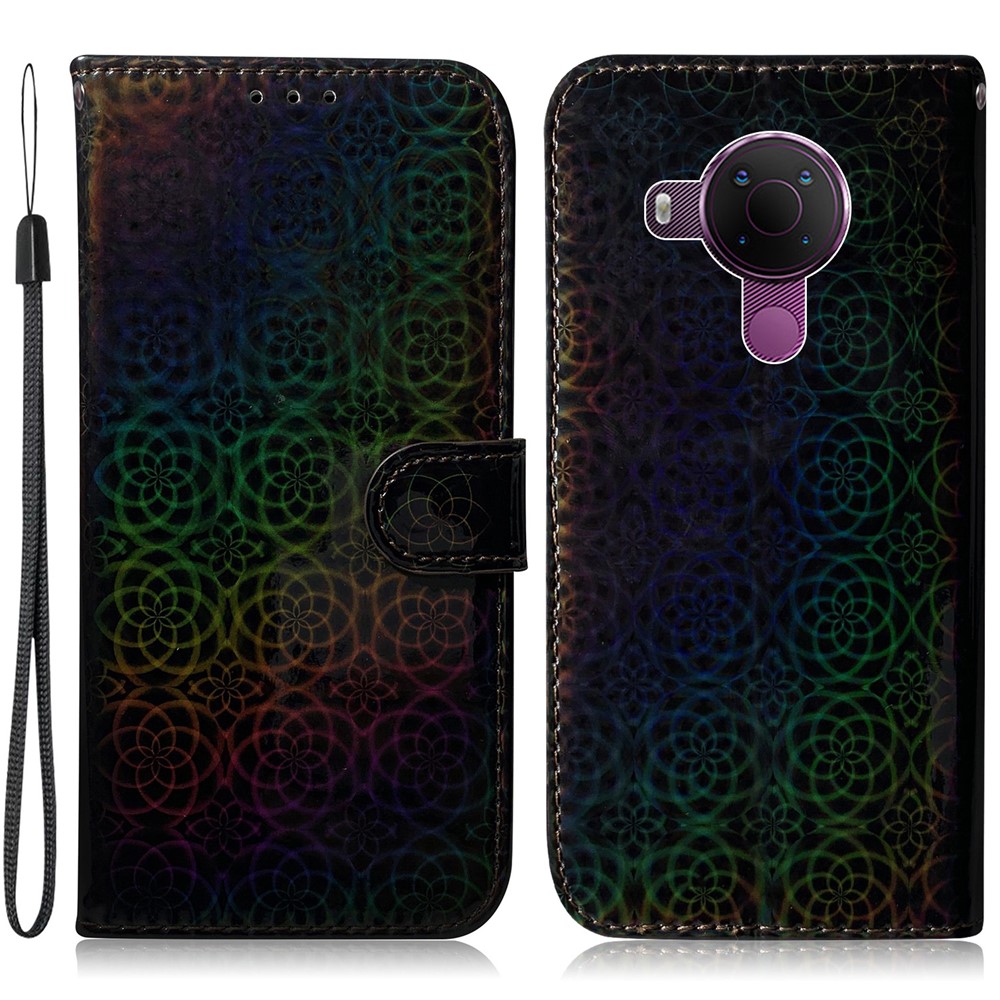 Flower Pattern Leather Stand Wallet Cover Case for Nokia 5.4 - Black-1