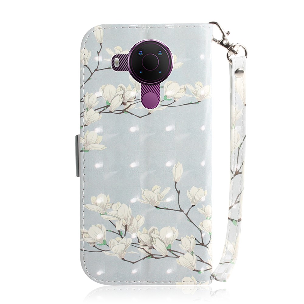3D Pattern Printing PU Leather Wallet Stand Phone Protection Cover Case for Nokia 5.4 - White Flower-2