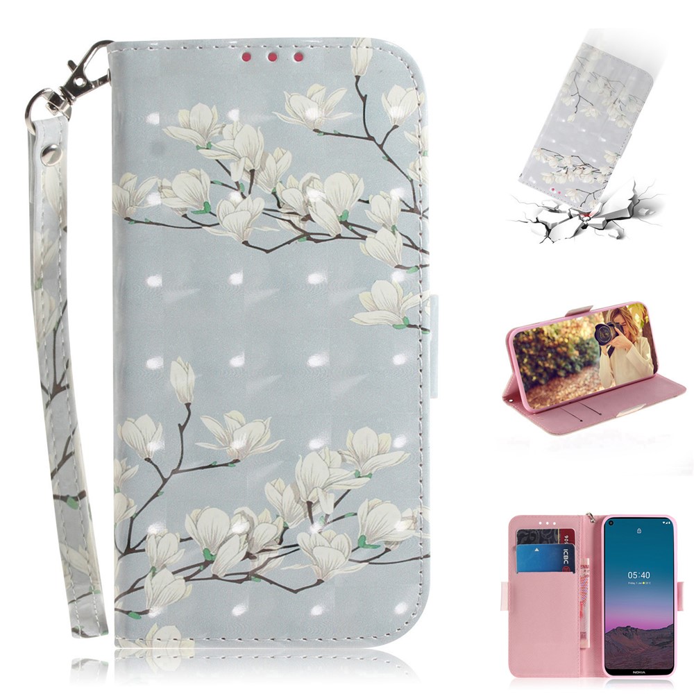 3D Pattern Printing PU Leather Wallet Stand Phone Protection Cover Case for Nokia 5.4 - White Flower-7