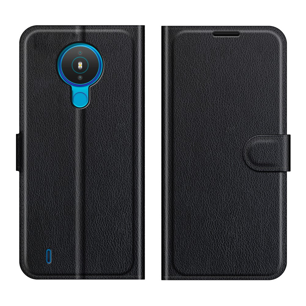 Litchi Skin Wallet Stand Leather Case for Nokia 1.4 Folio Flip Mobile Phone Cover - Black-1