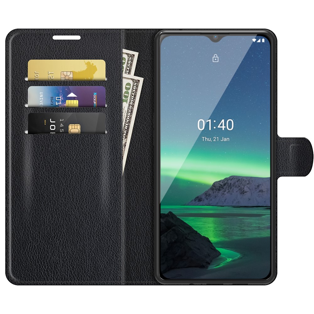 Litchi Skin Wallet Stand Leather Case for Nokia 1.4 Folio Flip Mobile Phone Cover - Black-6