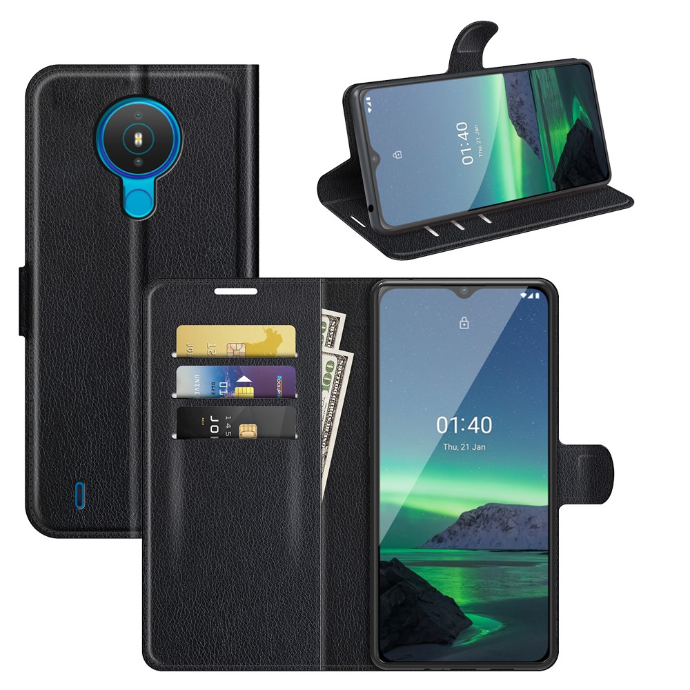 Litchi Skin Wallet Stand Leather Case for Nokia 1.4 Folio Flip Mobile Phone Cover - Black-7