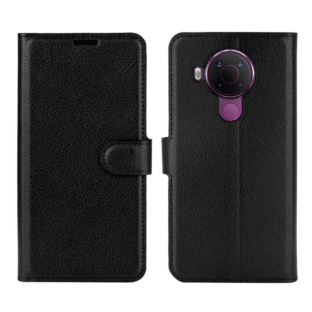 Litchi Skin Leather Wallet Case for Nokia 5.4 Mobile Phone Stand Cover - Black-1