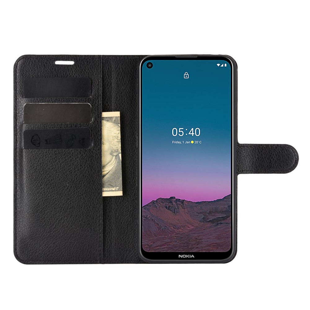 Litchi Skin Leather Wallet Case for Nokia 5.4 Mobile Phone Stand Cover - Black-3