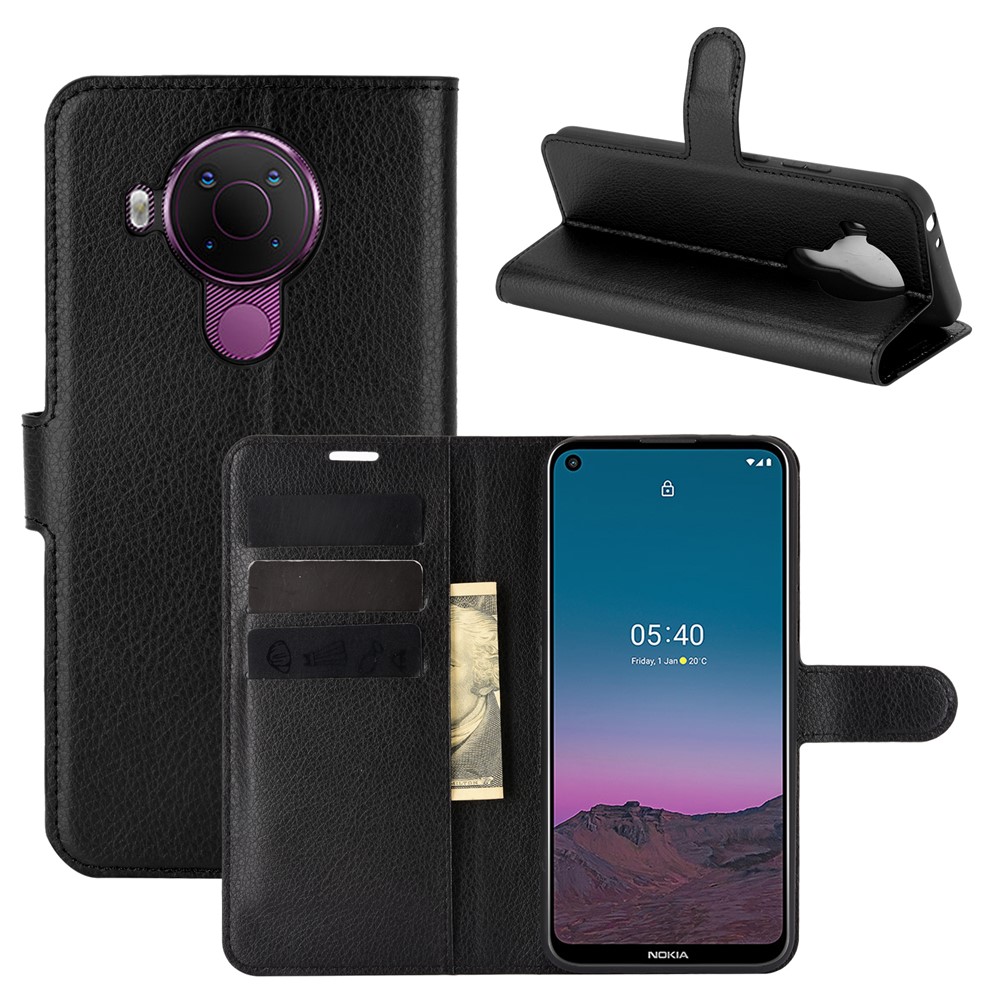 Litchi Skin Leather Wallet Case for Nokia 5.4 Mobile Phone Stand Cover - Black-6