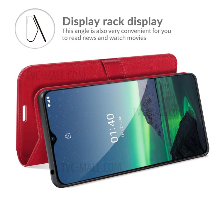 Crazy Horse Skin Leather Wallet Stand Cover Case for Nokia 1.4 - Red-4