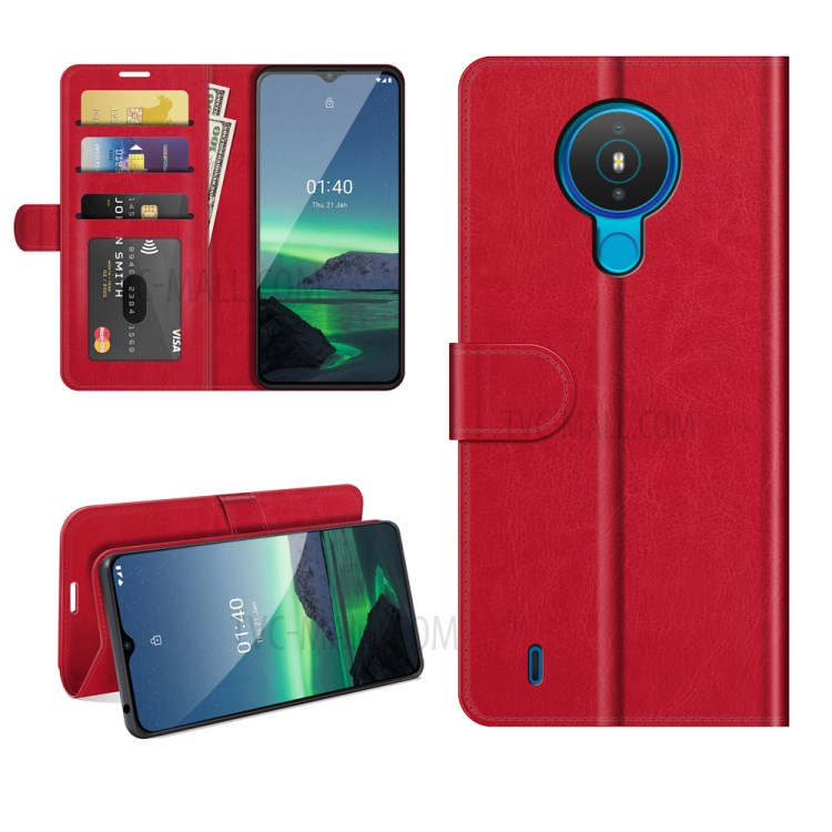 Crazy Horse Skin Leather Wallet Stand Cover Case for Nokia 1.4 - Red-7