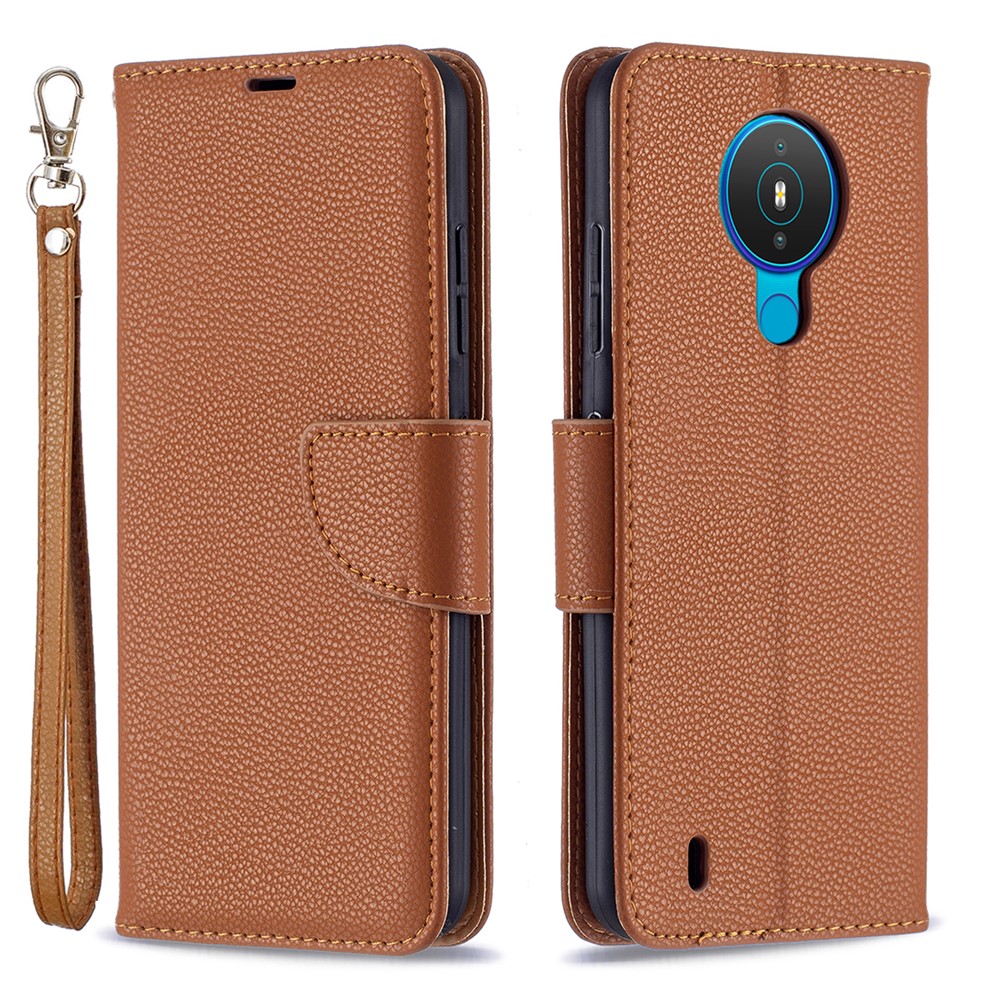 Litchi Skin Wallet Leather Stand Cover Shell for Nokia 1.4 - Brown-1