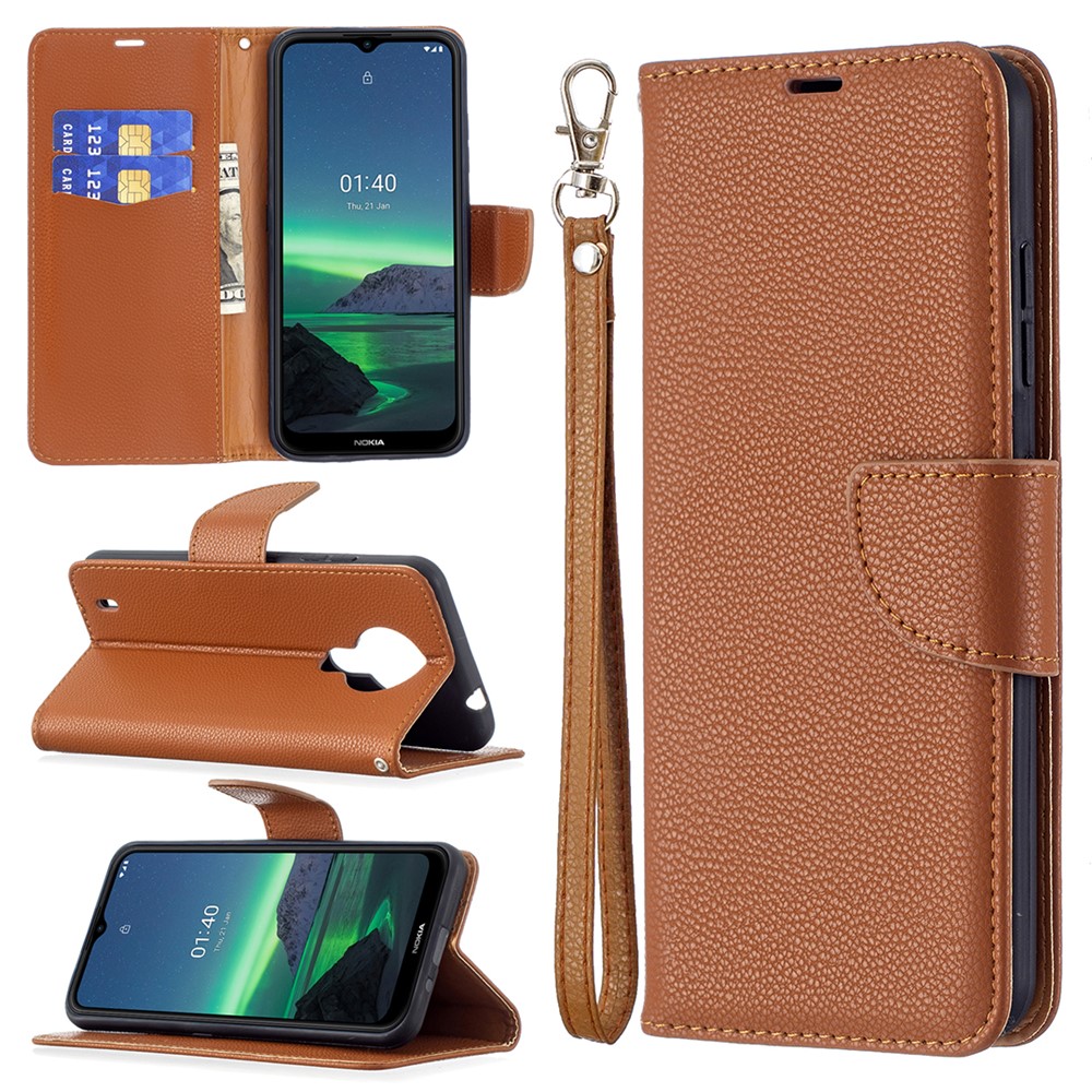 Litchi Skin Wallet Leather Stand Cover Shell for Nokia 1.4 - Brown-10
