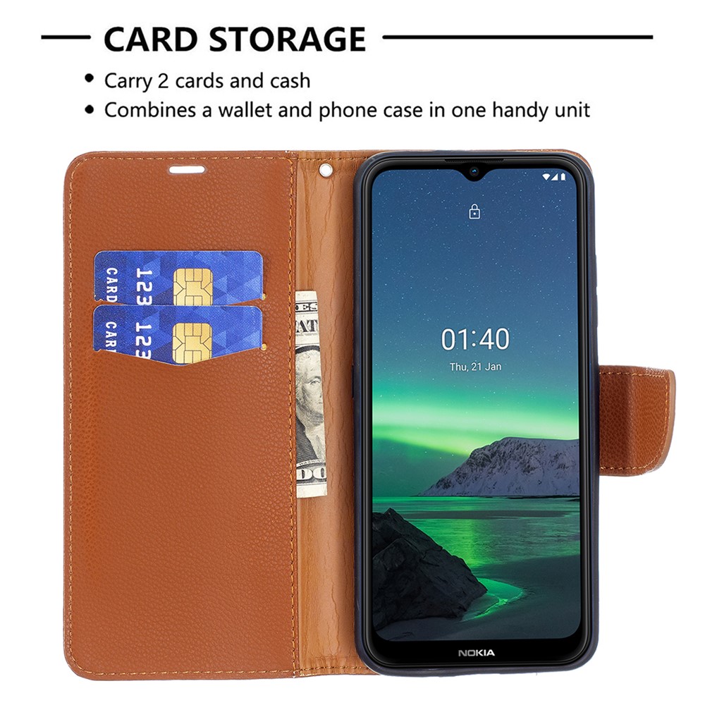 Litchi Skin Wallet Leather Stand Cover Shell for Nokia 1.4 - Brown-5