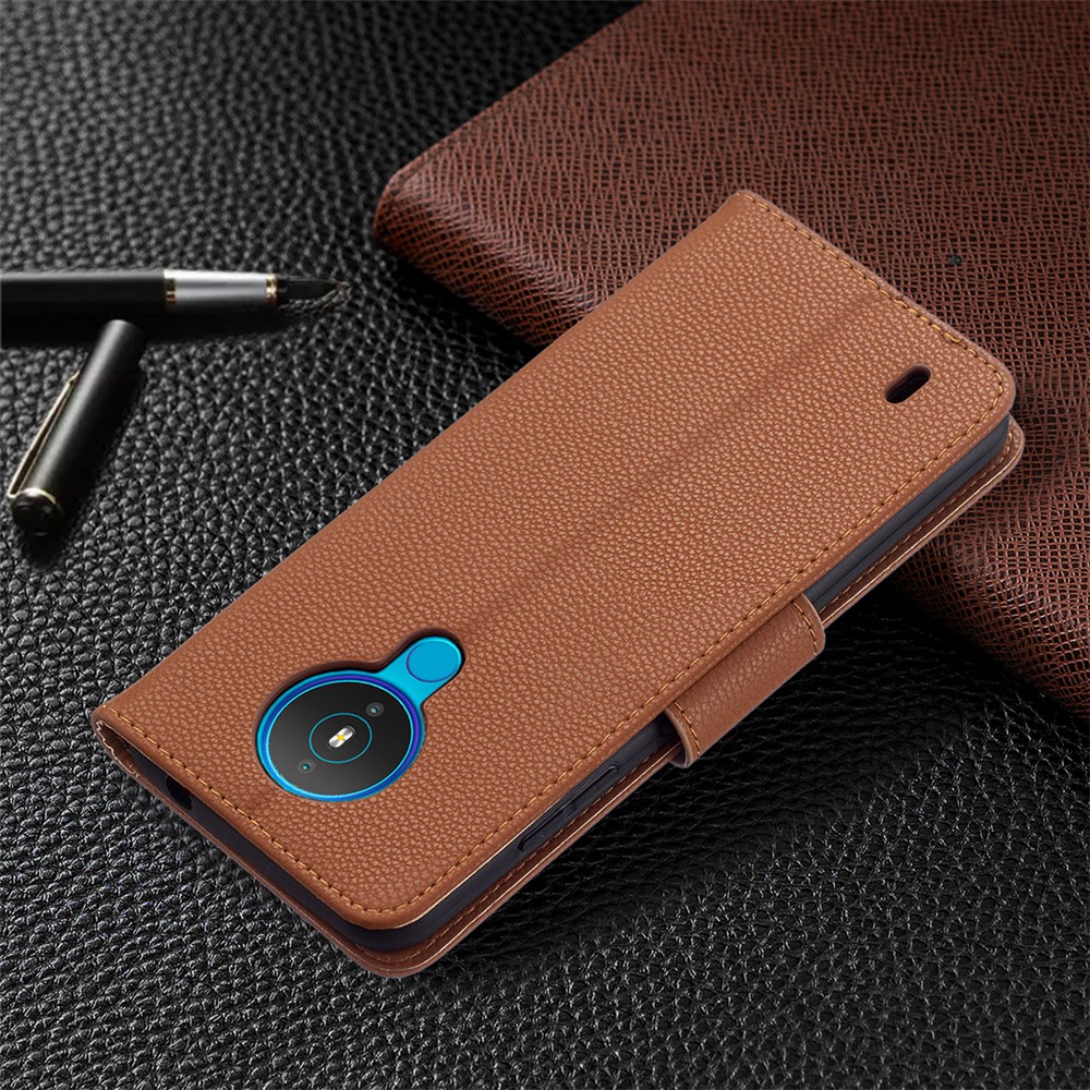 Litchi Skin Wallet Leather Stand Cover Shell for Nokia 1.4 - Brown-7