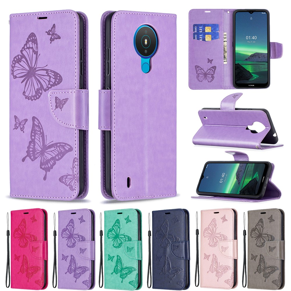 Imprint Butterfly Leather Wallet Case Shell for Nokia 1.4 - Purple-10
