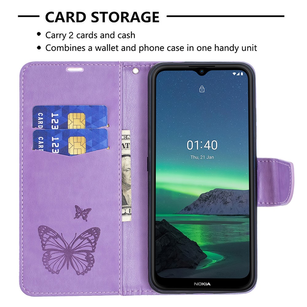 Imprint Butterfly Leather Wallet Case Shell for Nokia 1.4 - Purple-5
