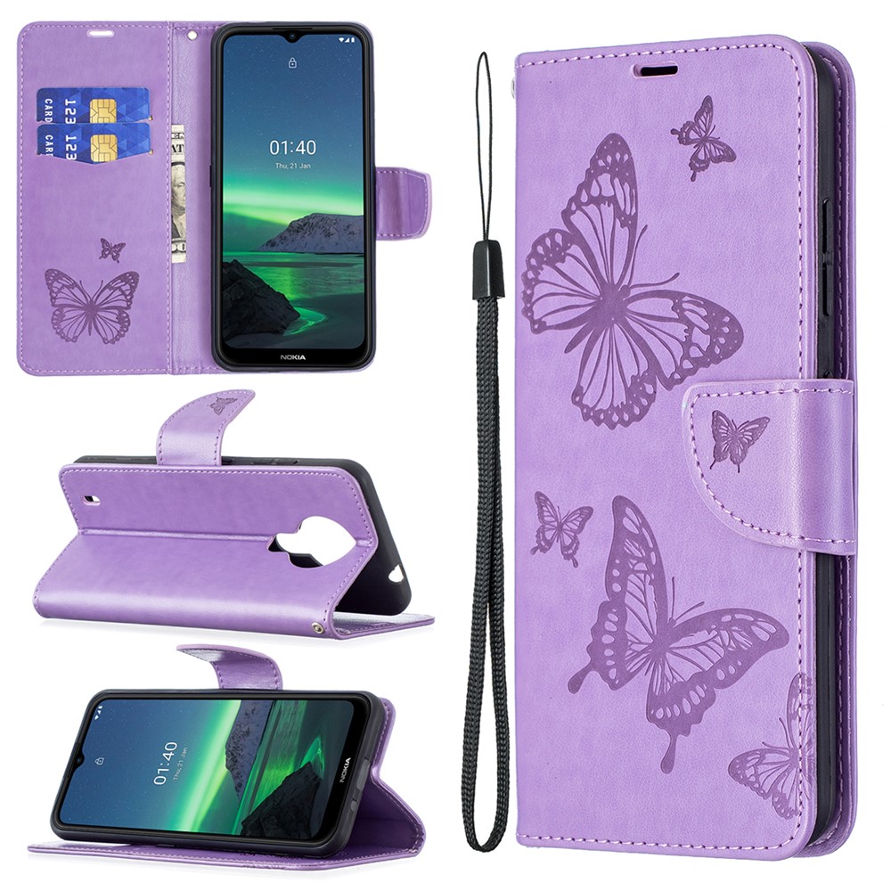 Imprint Butterfly Leather Wallet Case Shell for Nokia 1.4 - Purple-9