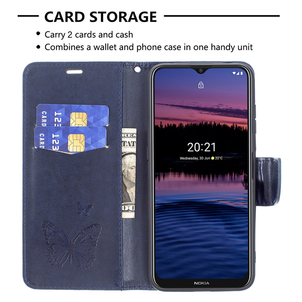 Imprint Butterfly Wallet Leather Stand Case for Nokia G20 - Dark Blue-3