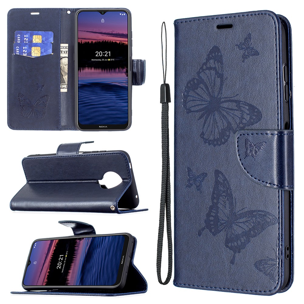 Imprint Butterfly Wallet Leather Stand Case for Nokia G20 - Dark Blue-6