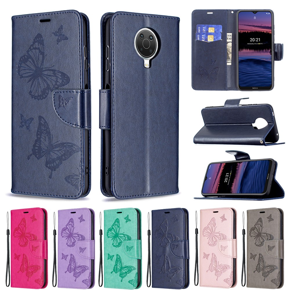 Imprint Butterfly Wallet Leather Stand Case for Nokia G20 - Dark Blue-9