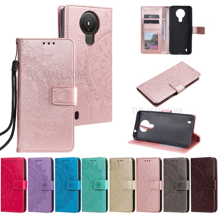 Imprinted Mandala Flower Wallet Leather Case for Nokia 1.4 - Blue-11