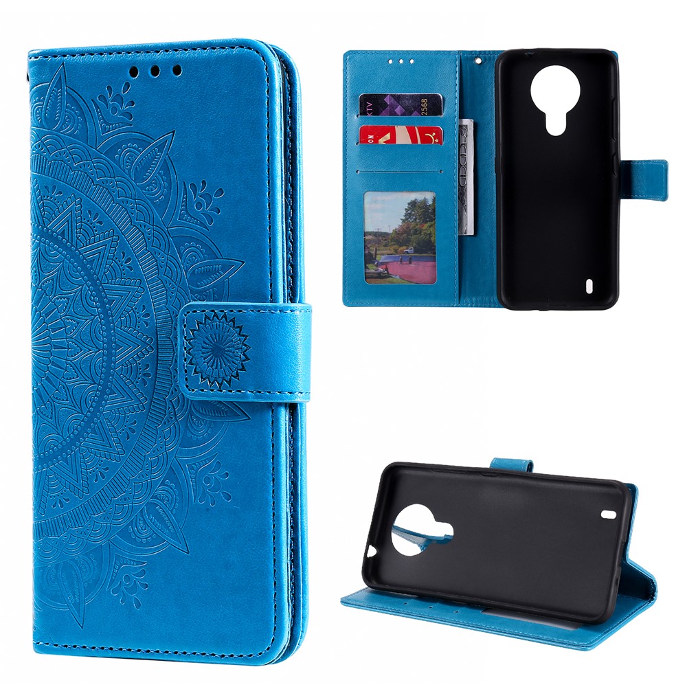 Imprinted Mandala Flower Wallet Leather Case for Nokia 1.4 - Blue-3
