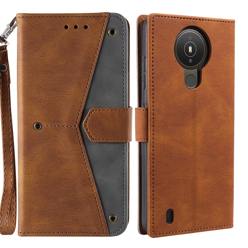 Splicing Stitching Skin-touch PU Leather Case Stand Protector Cover for Nokia 1.4 - Brown-1