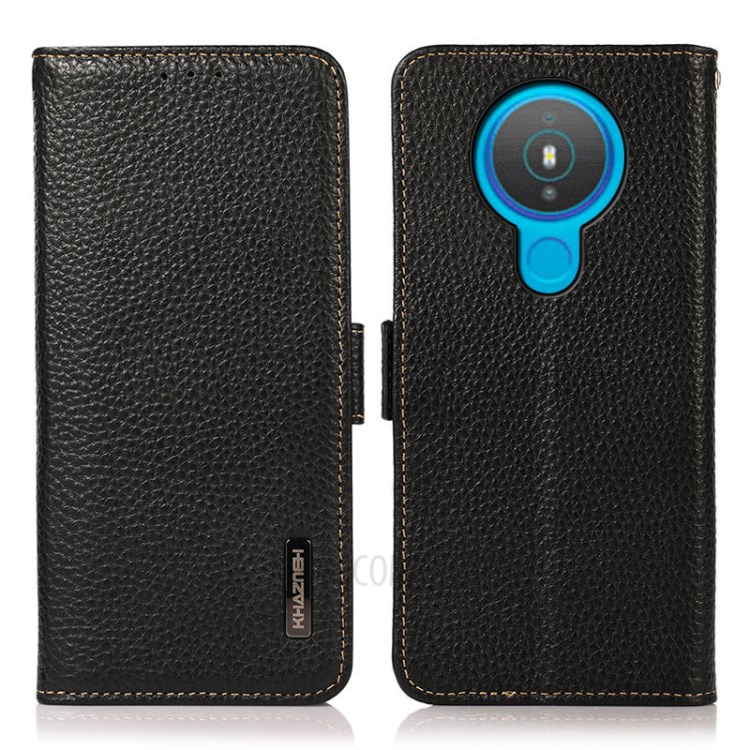 KHAZNEH Anti-theft Swiping RFID Blocking Wallet Design Litchi Skin Genuine Leather Phone Case for Nokia 1.4 - Black-1