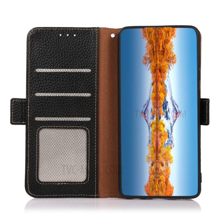 KHAZNEH Anti-theft Swiping RFID Blocking Wallet Design Litchi Skin Genuine Leather Phone Case for Nokia 1.4 - Black-5