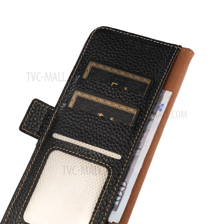 KHAZNEH Anti-theft Swiping RFID Blocking Wallet Design Litchi Skin Genuine Leather Phone Case for Nokia 1.4 - Black-6