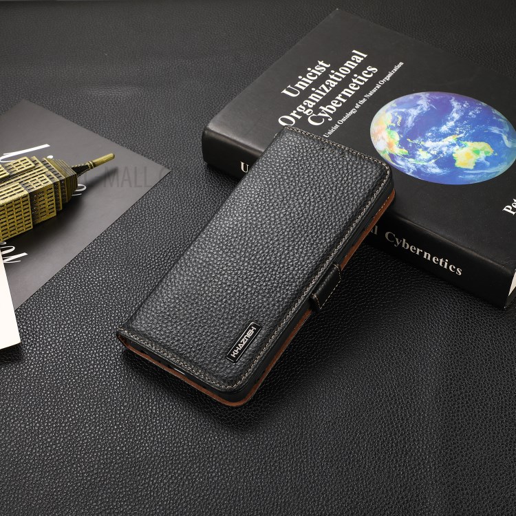 KHAZNEH Anti-theft Swiping RFID Blocking Wallet Design Litchi Skin Genuine Leather Phone Case for Nokia 1.4 - Black-9