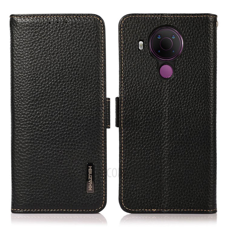 KHAZNEH Litchi Skin Genuine Leather Phone Case with Anti-theft Swiping RFID Blocking Wallet Design for Nokia 5.4 - Black-1
