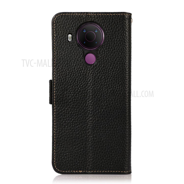 KHAZNEH Litchi Skin Genuine Leather Phone Case with Anti-theft Swiping RFID Blocking Wallet Design for Nokia 5.4 - Black-3