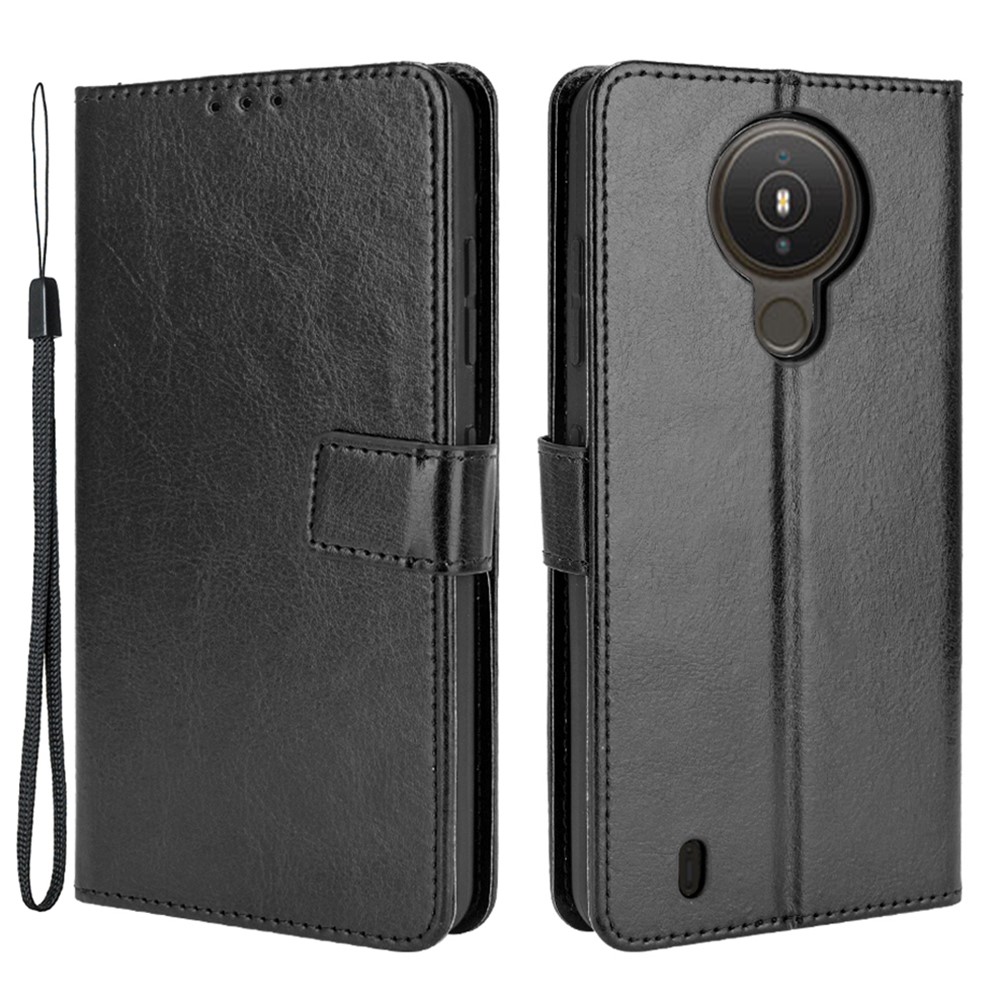 Wallet Stand Design Crazy Horse Skin Leather Shell with Strap for Nokia 1.4 - Black-1
