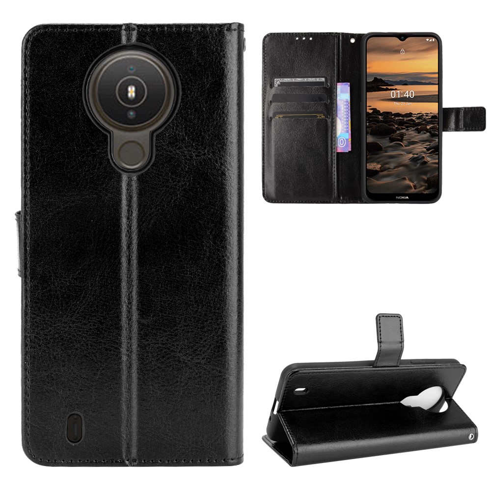 Wallet Stand Design Crazy Horse Skin Leather Shell with Strap for Nokia 1.4 - Black-7