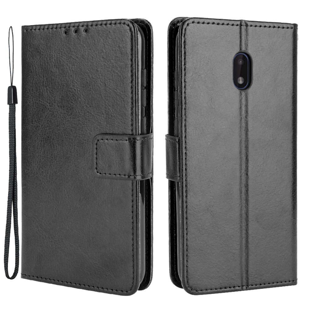 Crazy Horse Skin with Wallet Stand Leather Shell with Strap for Nokia C1 Plus - Black-1
