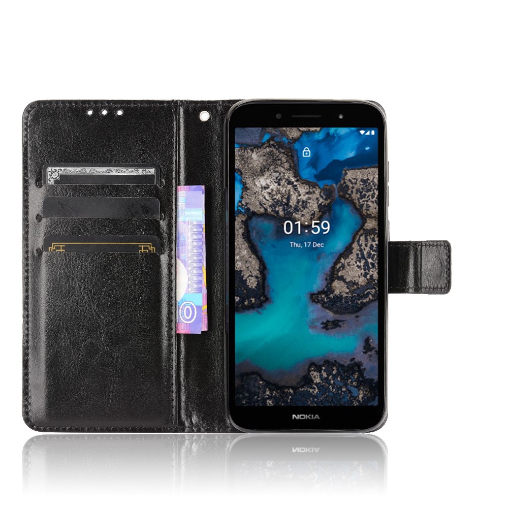 Crazy Horse Skin with Wallet Stand Leather Shell with Strap for Nokia C1 Plus - Black-5
