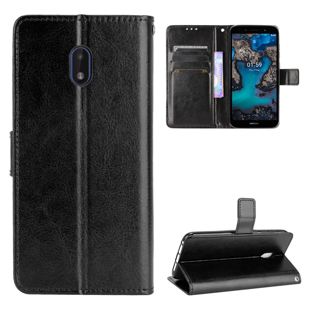 Crazy Horse Skin with Wallet Stand Leather Shell with Strap for Nokia C1 Plus - Black-7