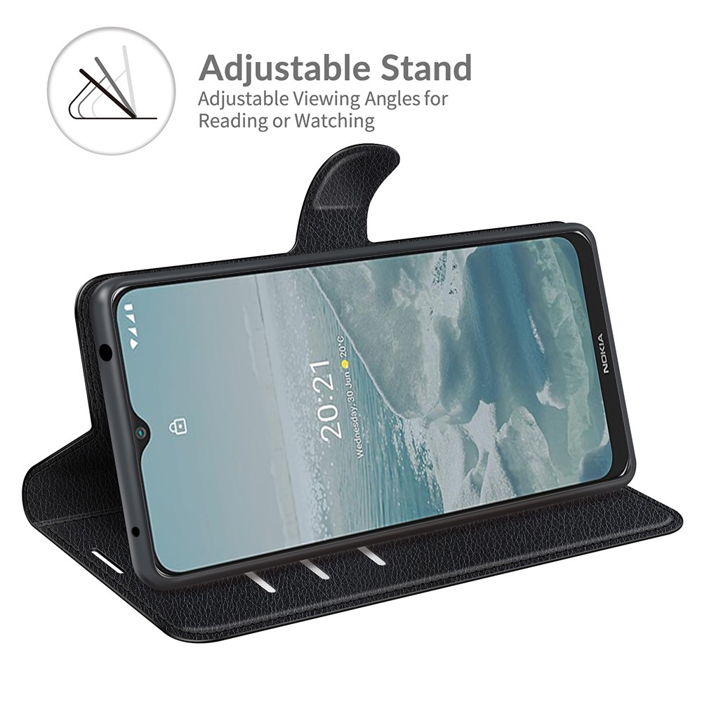 Wallet Litchi Texture Leather Phone Case Folio Flip Cover with Stand for Nokia G20 - Black-5