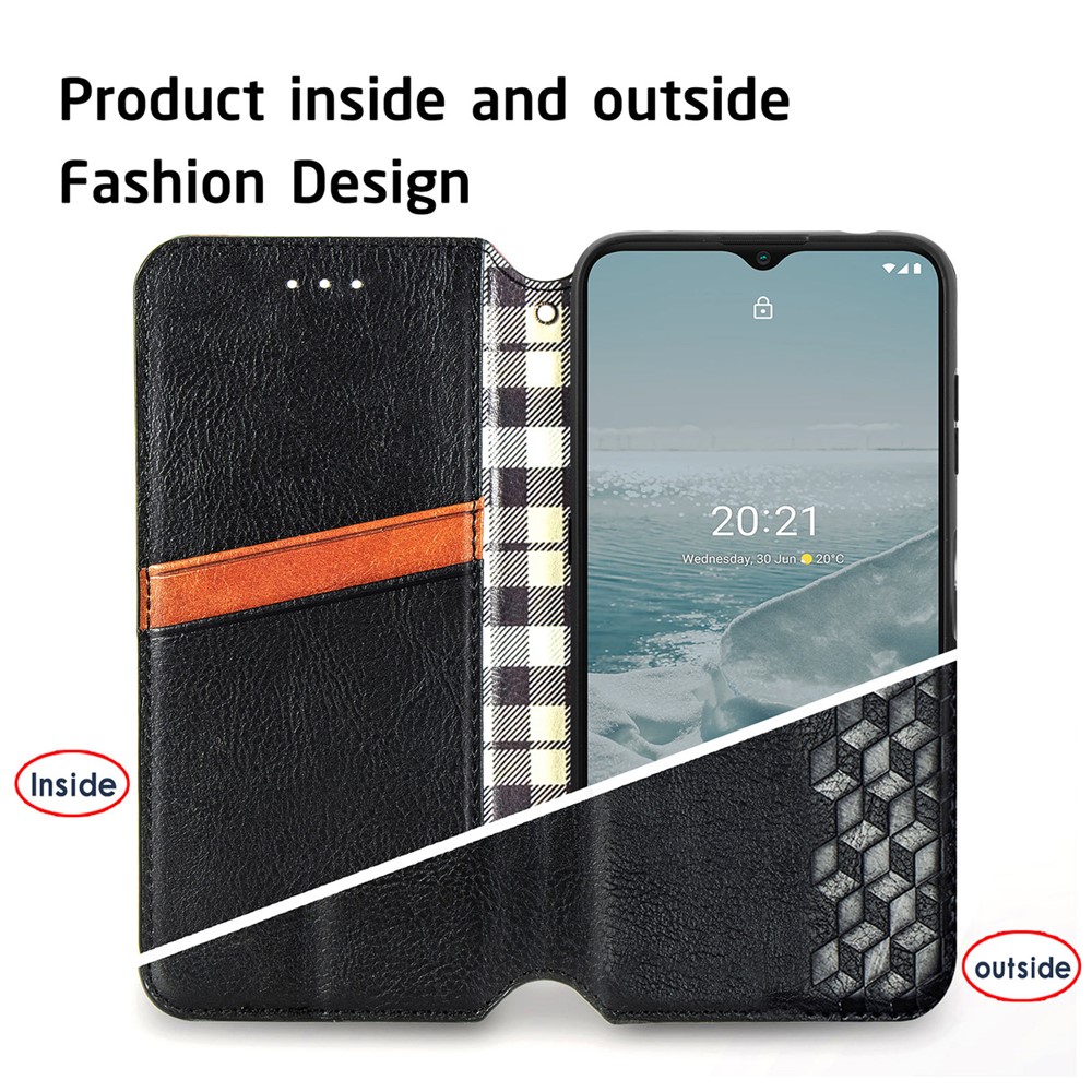 Wallet Stand Design Rhombus Imprinting Auto-Absorbed PU Leather Case for Nokia 6.3 - Black-7