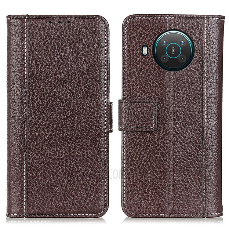 Litchi Texture Leather Contrast Color Design Folio Flip Wallet Leather Phone Case for Nokia X10/X20 - Brown-1