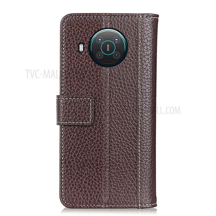 Litchi Texture Leather Contrast Color Design Folio Flip Wallet Leather Phone Case for Nokia X10/X20 - Brown-6