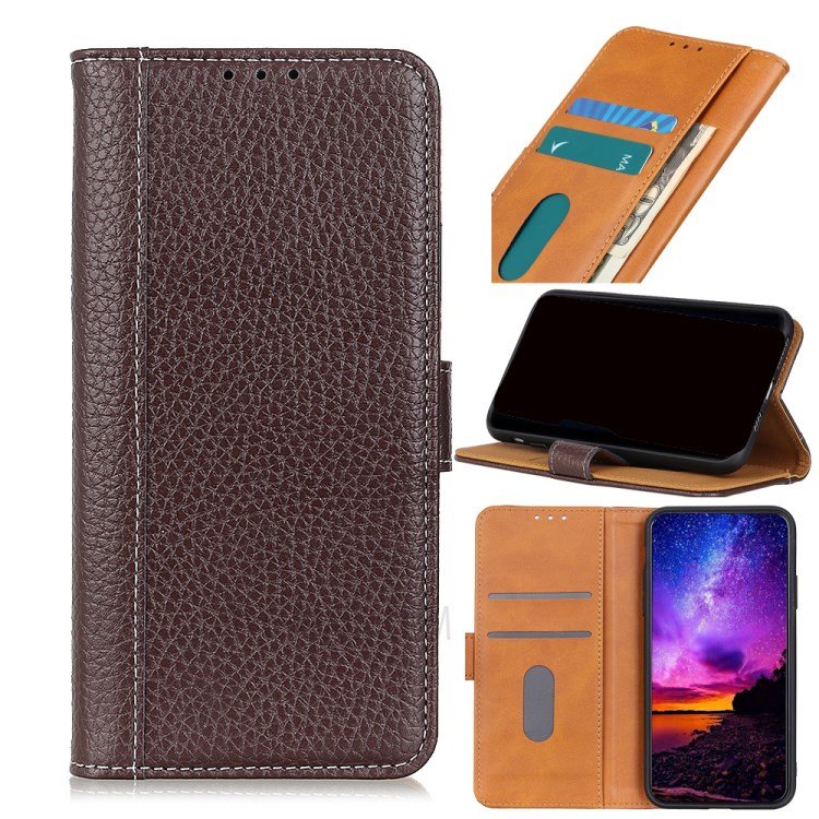 Litchi Texture Leather Contrast Color Design Folio Flip Wallet Leather Phone Case for Nokia X10/X20 - Brown-8