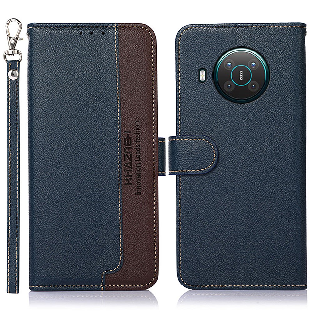 KHAZNEH RFID Anti-theft Swiping Function Design Leather Phone Case Litchi Skin Cover for Nokia X10/X20 - Blue-1
