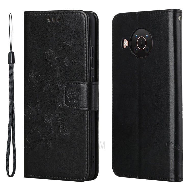 Wallet Design Stylish Butterfly Flowers Imprinting Leather Phone Cover for Nokia X10/X20 - Black-1