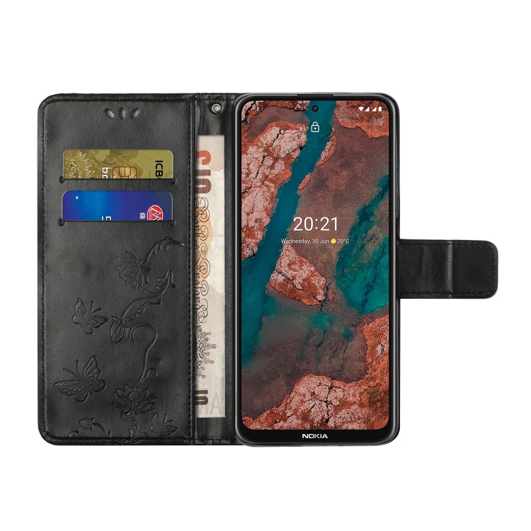 Wallet Design Stylish Butterfly Flowers Imprinting Leather Phone Cover for Nokia X10/X20 - Black-6