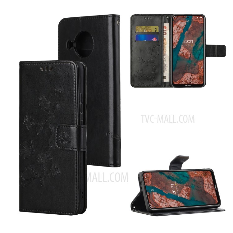 Wallet Design Stylish Butterfly Flowers Imprinting Leather Phone Cover for Nokia X10/X20 - Black-7