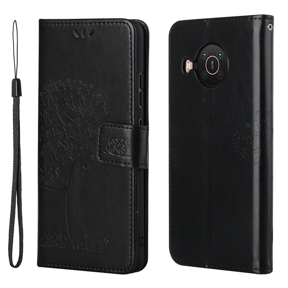 Wallet Design Leather Stand Phone Cover Case with Owl Tree Pattern Imprint for Nokia X10/X20 - Black-1